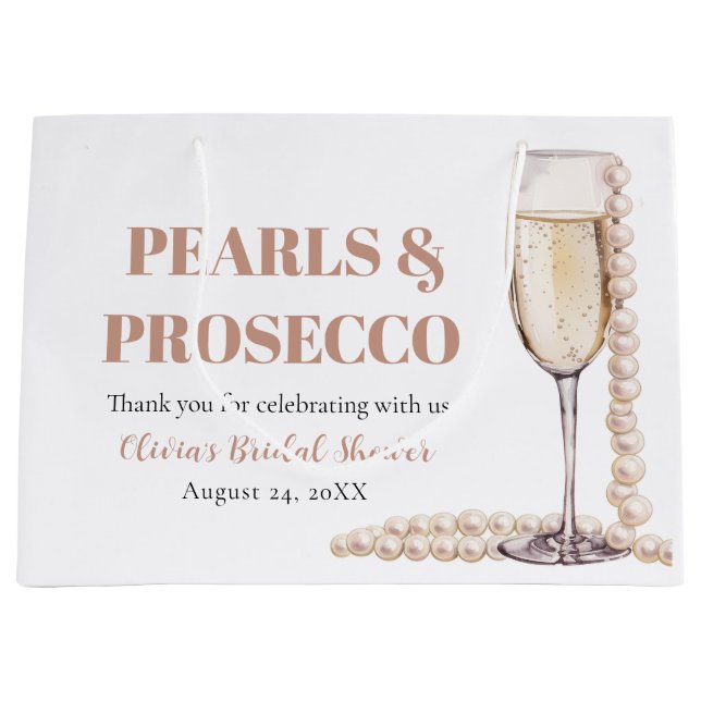 Elegant Gold Pearls and Prosecco Bridal Shower Large Gift Bag (Front)