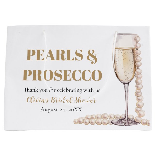 Elegant Gold Pearls and Prosecco Bridal Shower Large Gift Bag (Front)