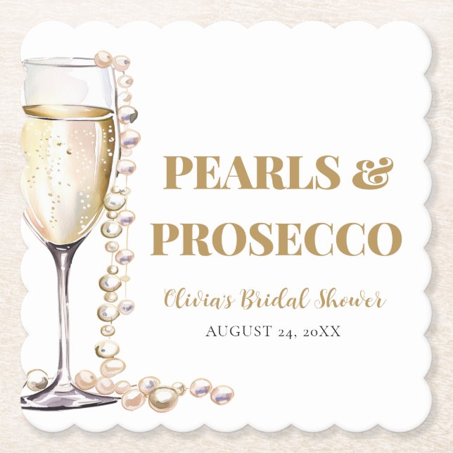 Elegant Gold Pearls and Prosecco Bridal Shower Paper Coaster (Front)