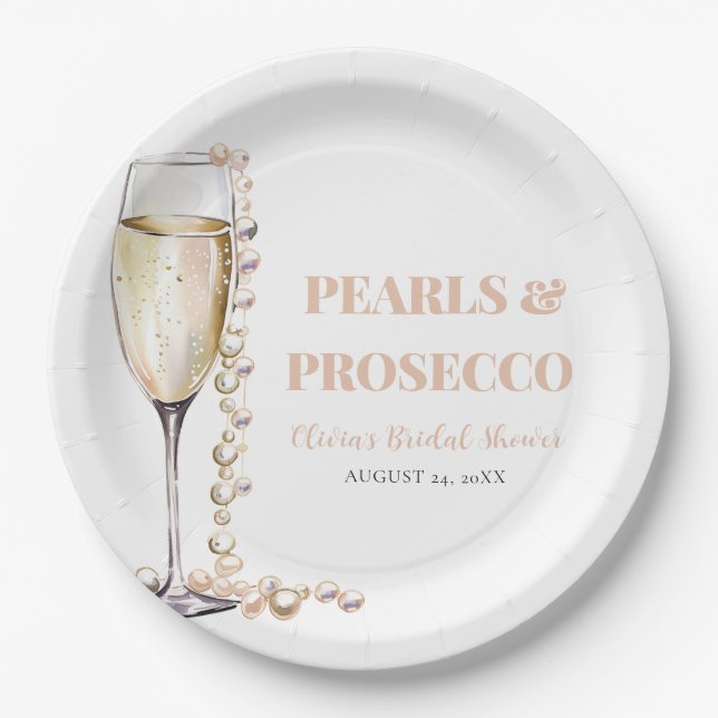 Elegant Gold Pearls and Prosecco Bridal Shower Paper Plate (Front)