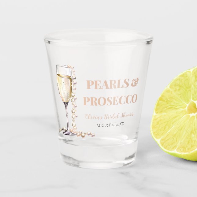 Elegant Gold Pearls and Prosecco Bridal Shower Shot Glass (Front)
