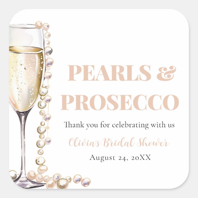 Elegant Gold Pearls and Prosecco Bridal Shower Square Sticker (Front)
