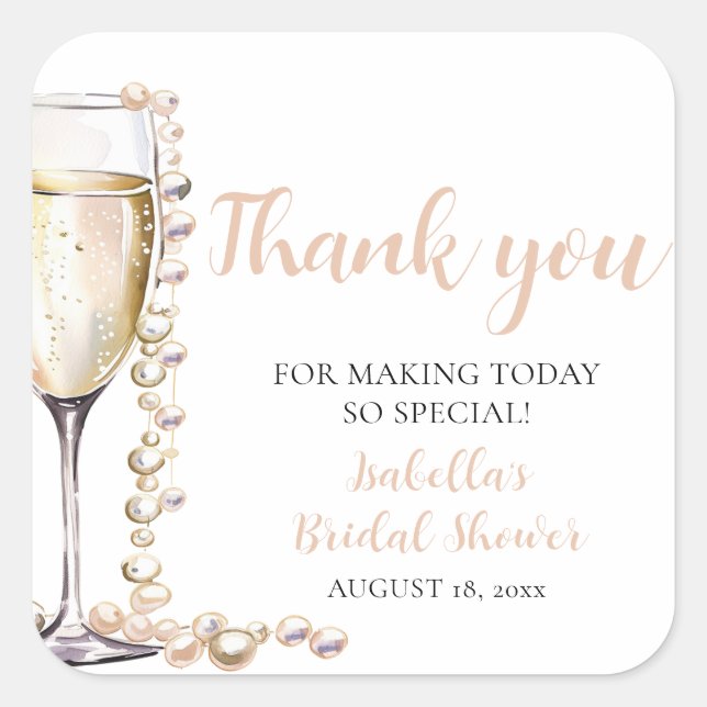 Elegant Gold Pearls and Prosecco Bridal Shower Square Sticker (Front)