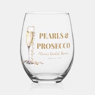 Elegant Gold Pearls and Prosecco Bridal Shower Stemless Wine Glass