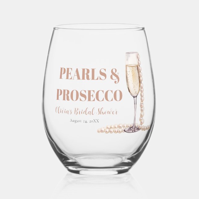 Elegant Gold Pearls and Prosecco Bridal Shower Stemless Wine Glass (Front)