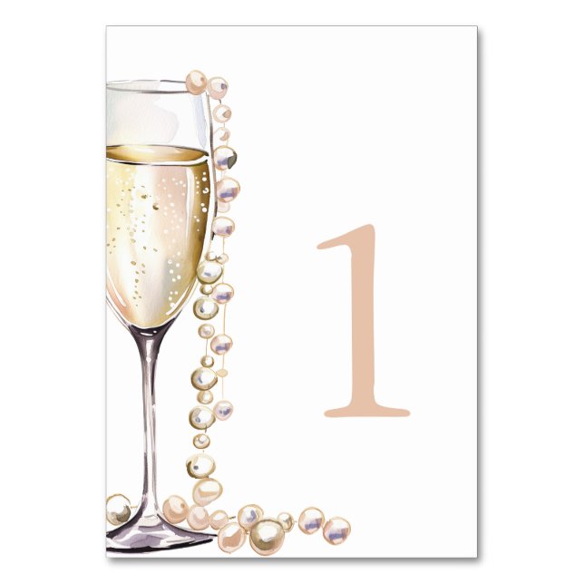 Elegant Gold Pearls and Prosecco Bridal Shower Table Number (Front)
