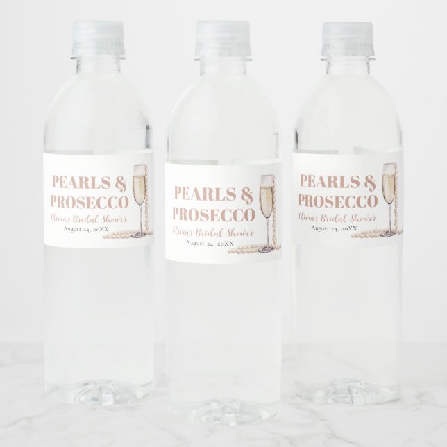 Elegant Gold Pearls and Prosecco Bridal Shower Water Bottle Label (Bottles)
