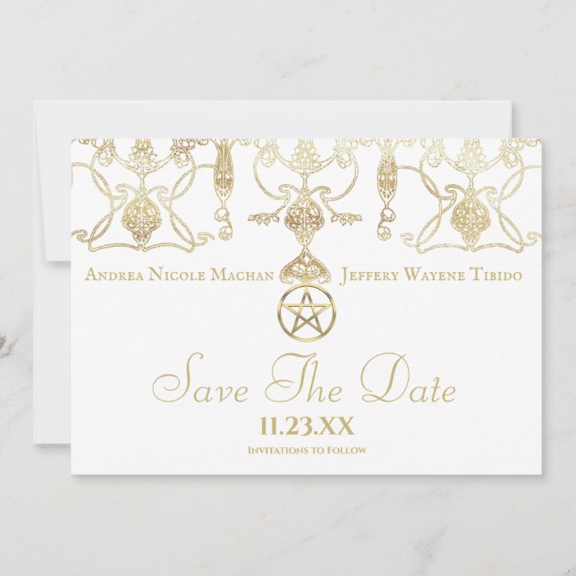 Elegant Gold Pentacle Handfasting Save The Date (Front)