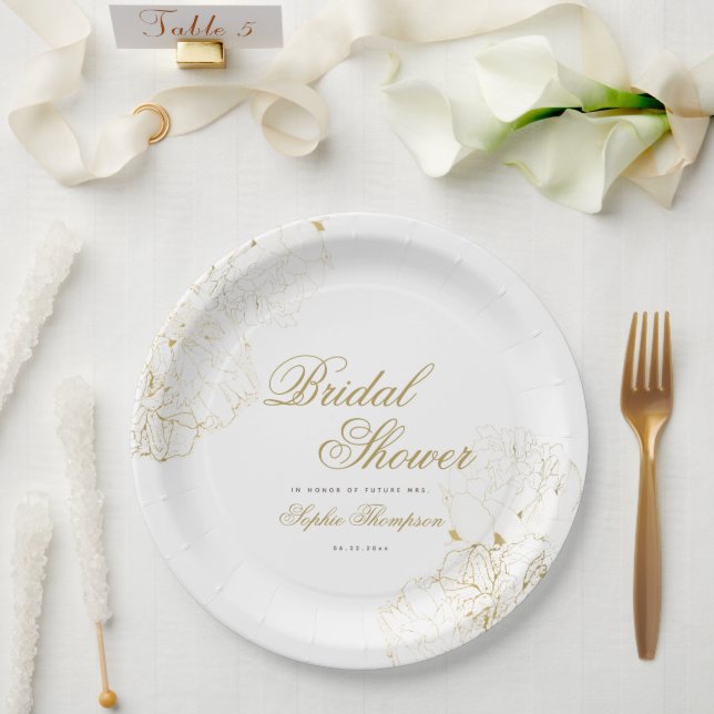 Elegant Gold Peonies Floral Sketch Bridal Shower Paper Plate (Wedding)