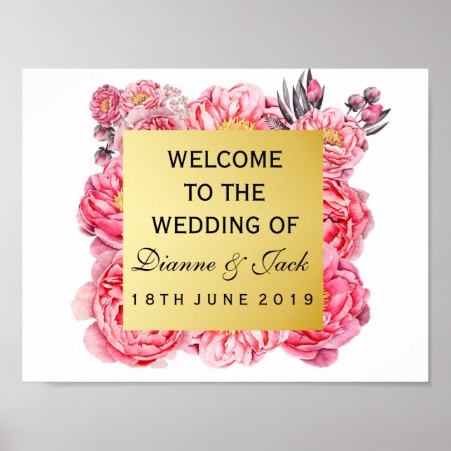 Elegant Gold & Peonies Floral Wedding Welcome Sign (Front)