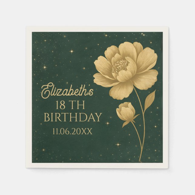 Elegant Gold Peony Birthday Napkins – Party Decor (Front)
