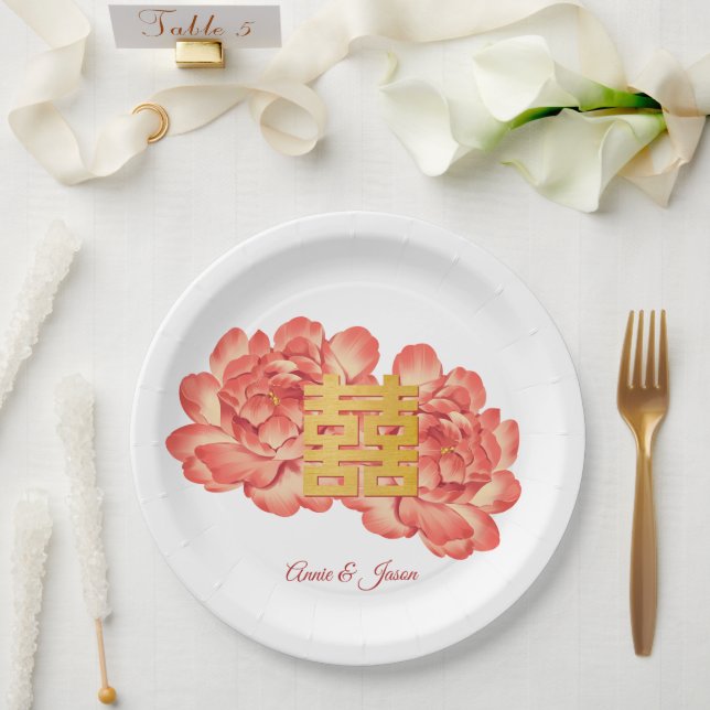 Elegant Gold Peony Chinese Wedding Paper Plate (Wedding)