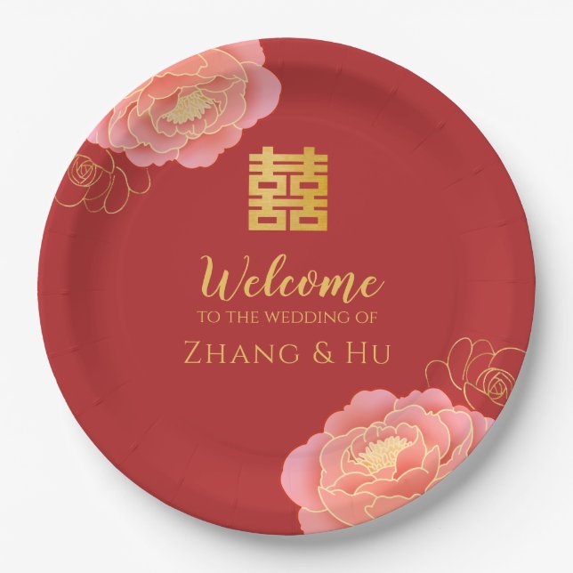 Elegant Gold Peony Chinese Wedding Paper Plate (Front)