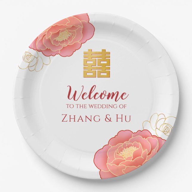 Elegant Gold Peony Chinese Wedding Paper Plate (Front)