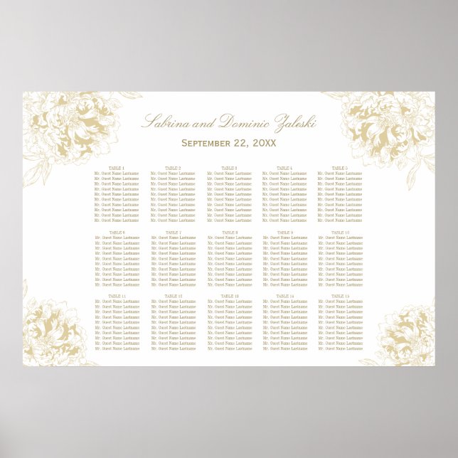 Elegant Gold Peony Floral Wedding Seating Poster (Front)