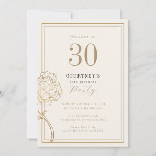 Elegant gold peony line art 30th birthday party invitation