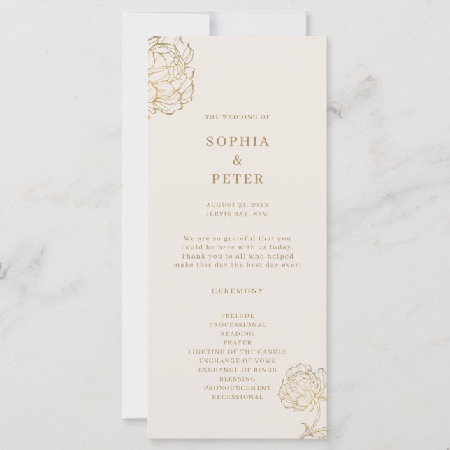 Elegant gold peony line art Ceremony Program (Front)