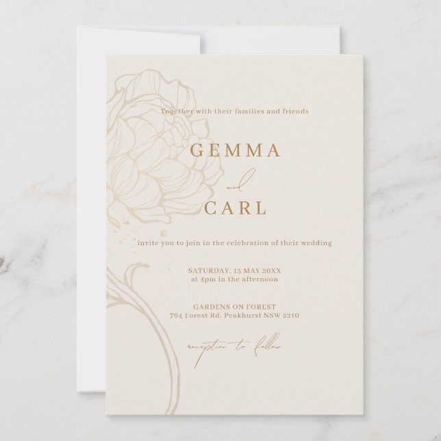 Elegant gold peony line art wedding invitation (Front)
