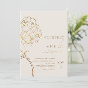 Elegant gold peony line art wedding invitation