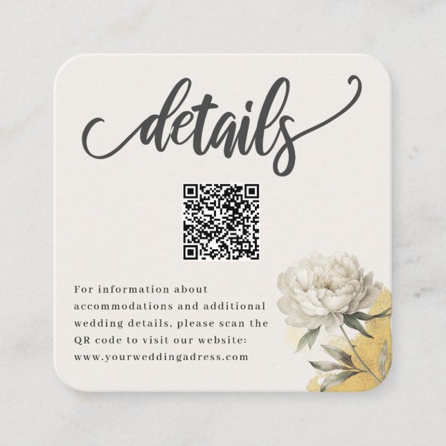 Elegant Gold Peony QR  Wedding Details  Enclosure Card (Front)