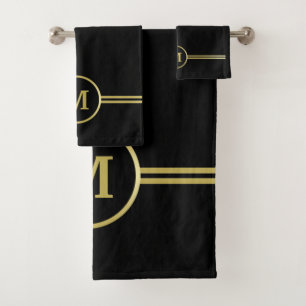 Elegant gold Personalised  Monogram on black  Bath Towel Set