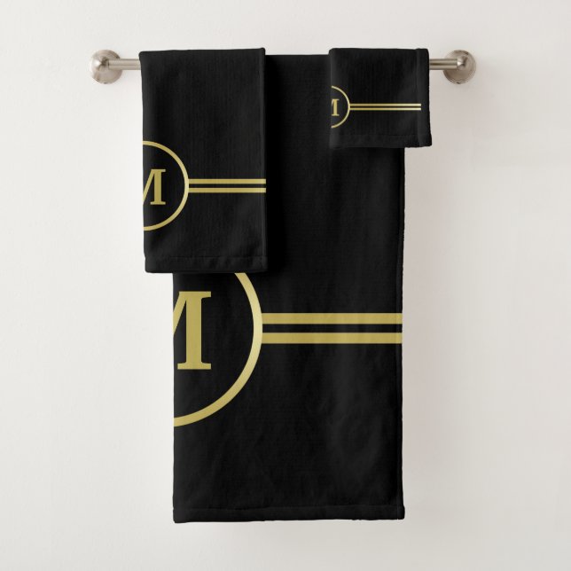 Elegant gold Personalised  Monogram on black  Bath Towel Set (Insitu)