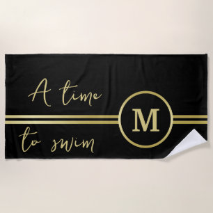 Elegant gold Personalised Monogram on black Beach Towel