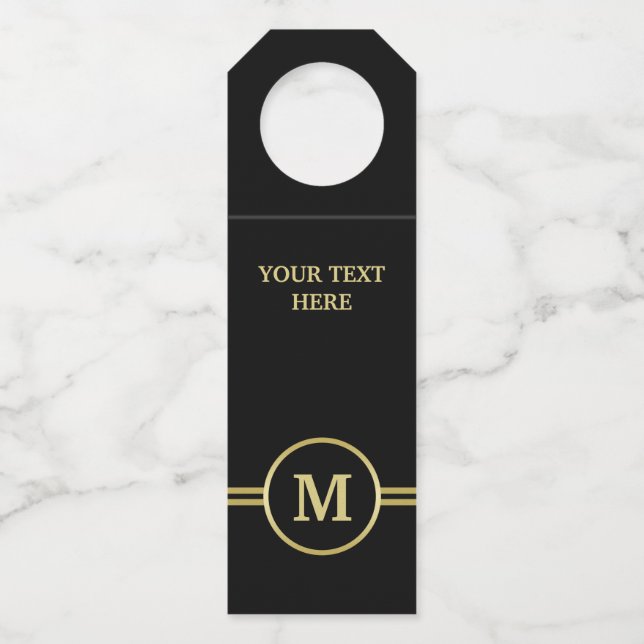 Elegant gold Personalised  Monogram on black  Bottle Tag (Front)