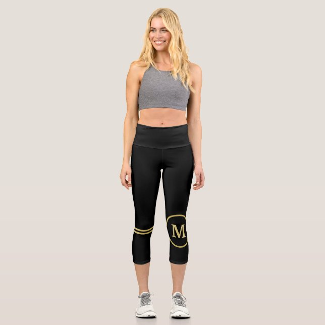 Elegant gold Personalised  Monogram on black  Capri Leggings (Front)