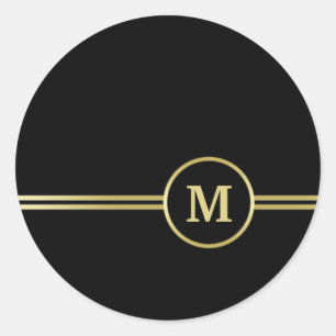Elegant gold Personalised  Monogram on black  Classic Round Sticker