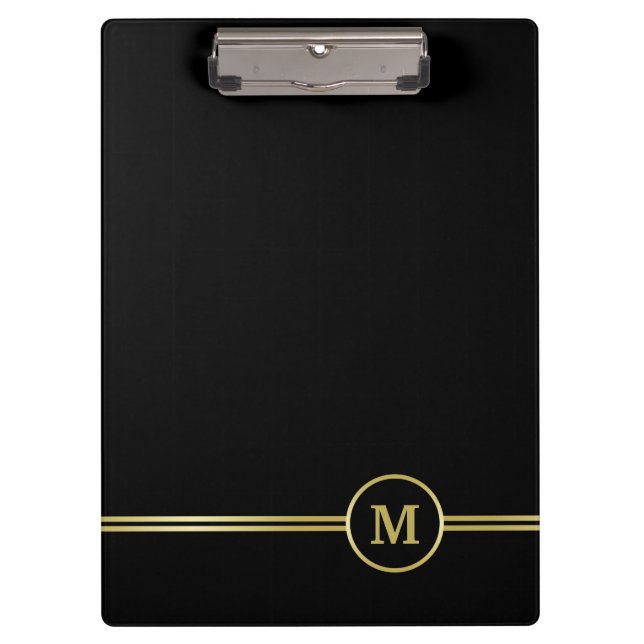 Elegant gold Personalised  Monogram on black  Clipboard (Front)