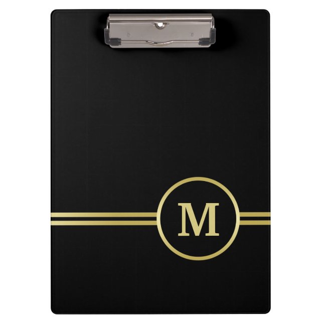 Elegant gold Personalised  Monogram on black  Clipboard (Front)