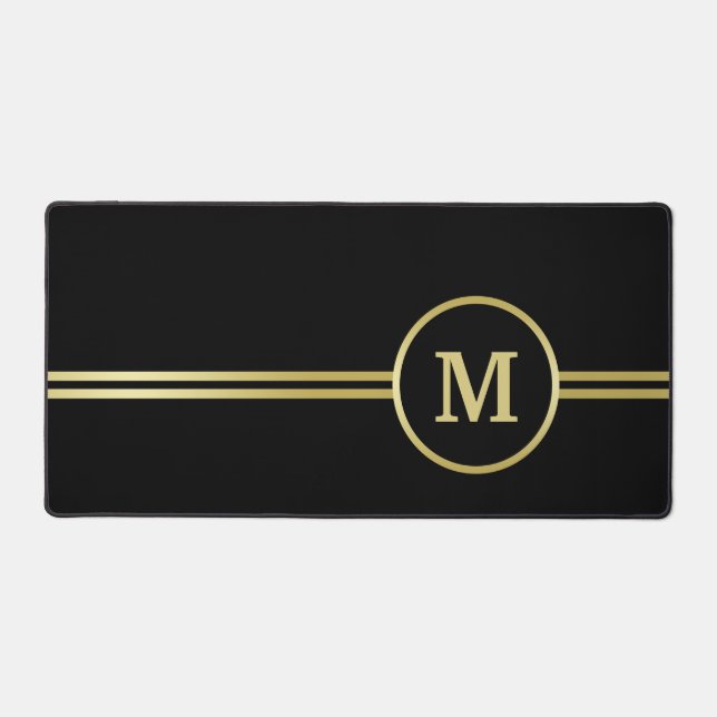 Elegant gold Personalised  Monogram on black  Desk Mat (Front)