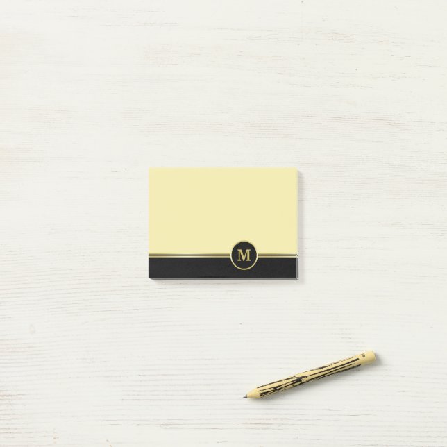 Elegant gold Personalised  Monogram on Black Gold Post-it Notes (On Desk)