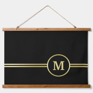 Elegant gold Personalised Monogram on black Hanging Tapestry