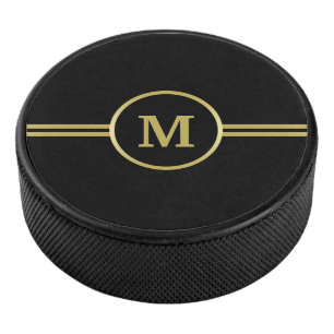 Elegant gold Personalised Monogram on black Hockey Puck