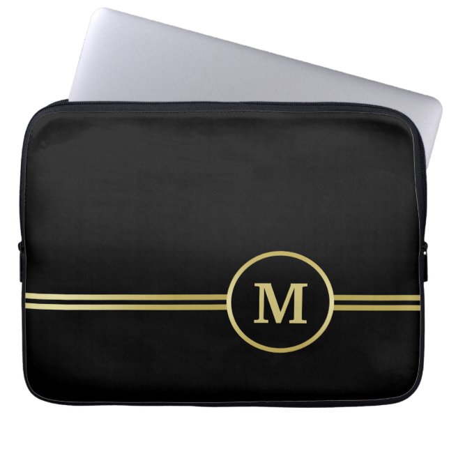Elegant gold Personalised  Monogram on black  Laptop Sleeve (Front)