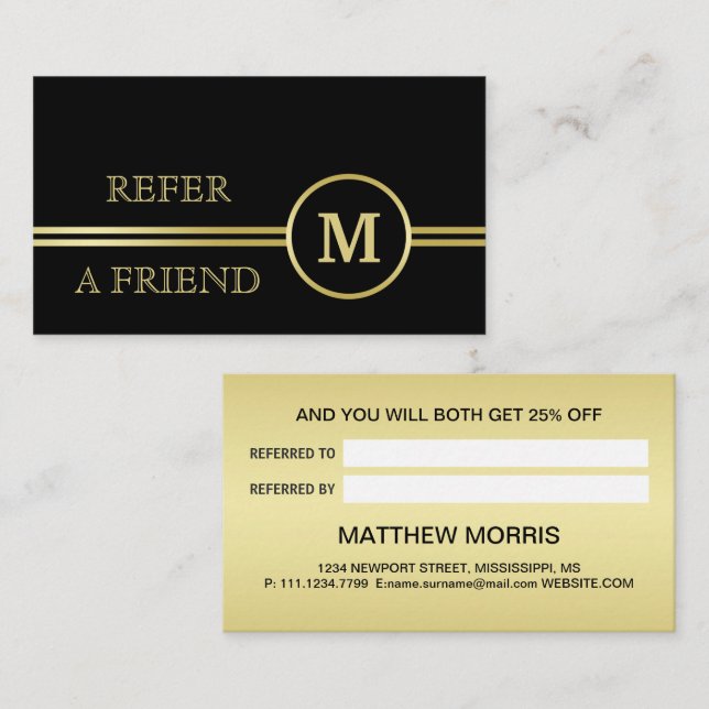 Elegant gold Personalised  Monogram on black  Referral Card (Front/Back)