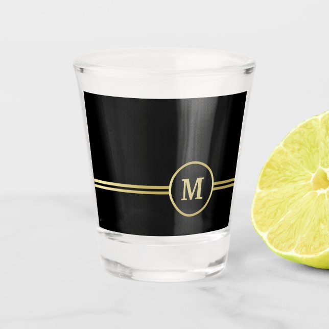 Elegant gold Personalised  Monogram on black  Shot Glass (Front)