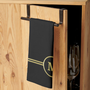 Elegant gold Personalised  Monogram on black  Tea Towel