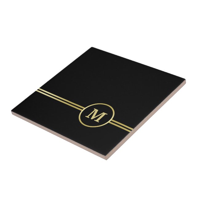 Elegant gold Personalised  Monogram on black  Tile (Side)
