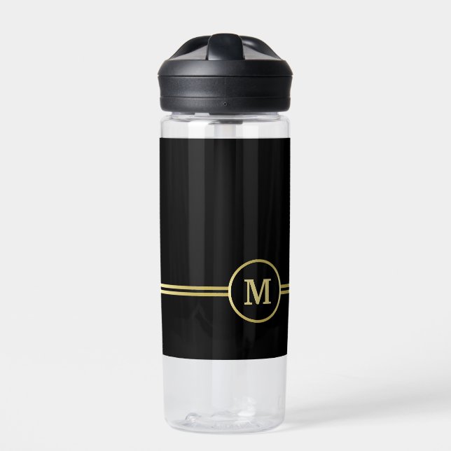 Elegant gold Personalised  Monogram on black  Water Bottle (Front)