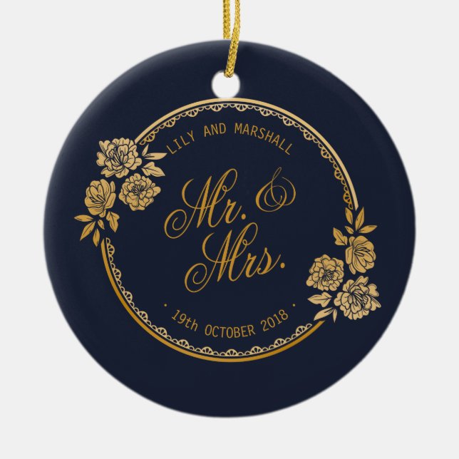 Elegant Gold Personalised Wedding Ceramic Ornament (Front)