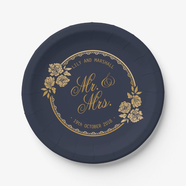 Elegant Gold Personalised Wedding | Paper Plate (Front)
