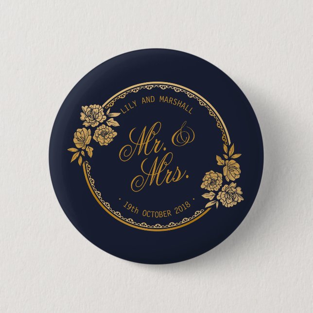 Elegant Gold Personalised Wedding | Pin Button (Front)