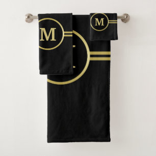 Elegant gold Personalized  Monogram on black  Bath Towel Set