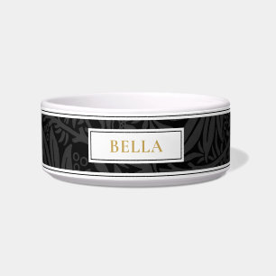 Elegant Gold Pet Name Black Floral Pattern Bowl
