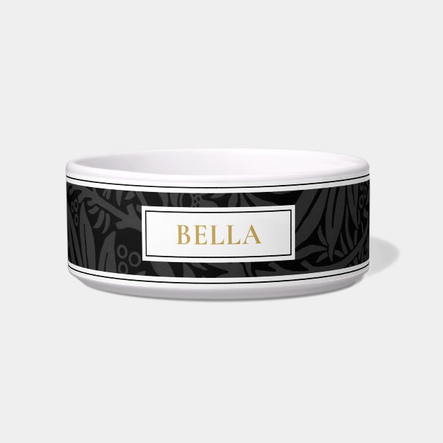 Elegant Gold Pet Name Black Floral Pattern Bowl (Front)