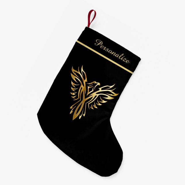 Elegant Gold Phoenix Rising From Ashes Personalize Small Christmas Stocking (Front (Hanging))