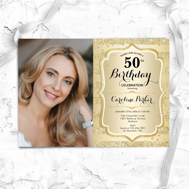 Elegant Gold Photo 50th Birthday Invitation (Creator Uploaded)